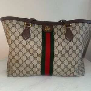 Gucci Beige Tote with Brown Accents and Signature Stripe